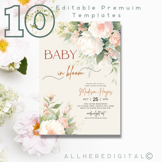 Baby in Bloom Invitation Template | Editable Butterfly Baby Shower Invite for Girl | Pink Floral Wildflower | Instant Digital Download